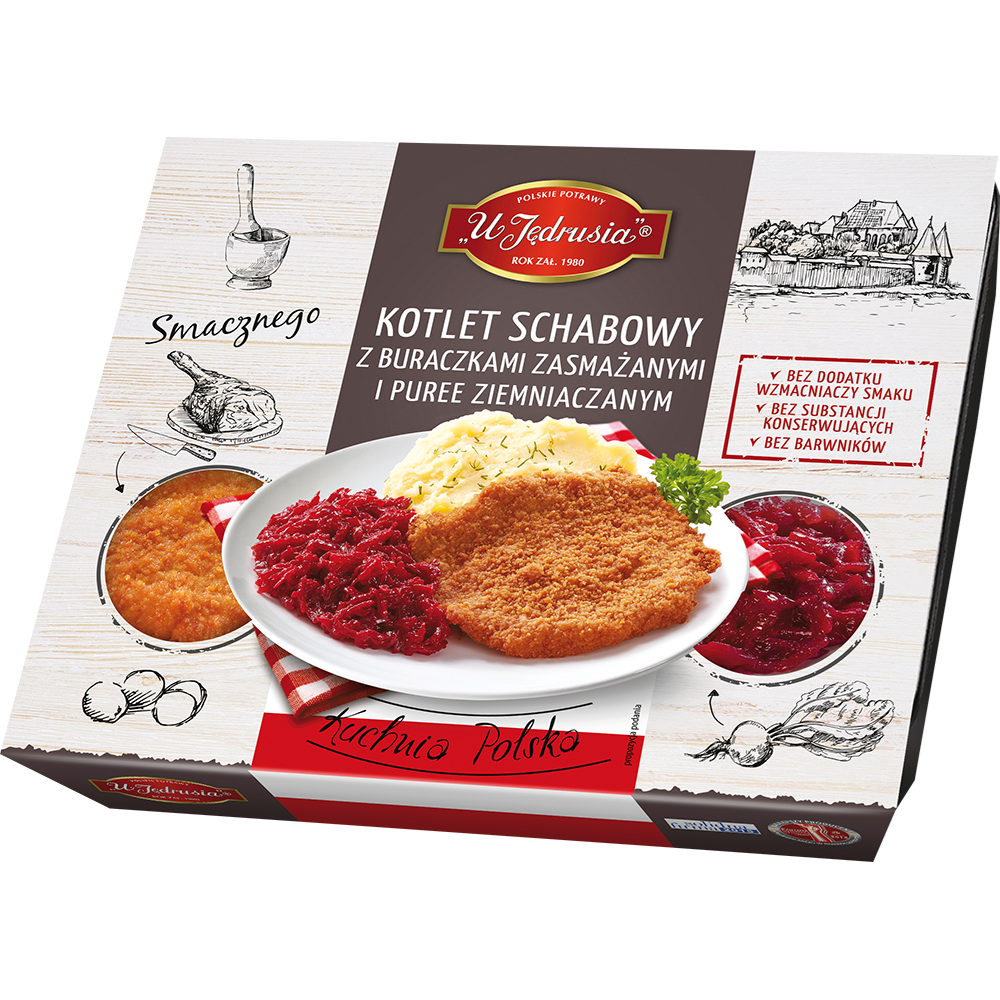 Picture of KOTLET SCHABOWY U JEDRUSIA Z PUREE I BURACZKAMI 400G